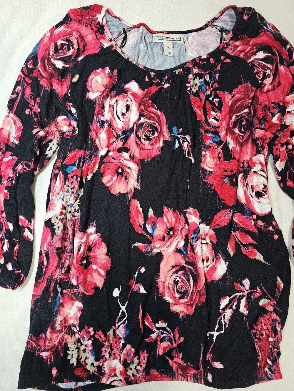 Dana Buchman Floral Top XL Black Red Rose 3/4 Sleeve Stretch Blouse